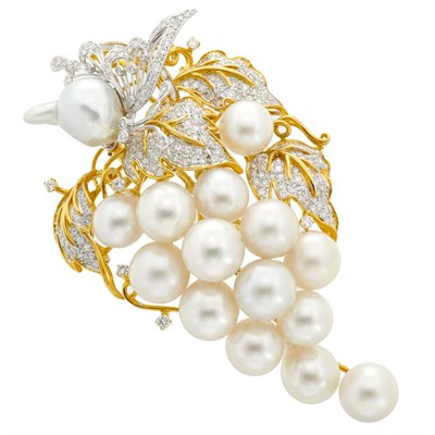 Lot 679 - Two-Color Gold, Freshwater Pearl and Diamond 'en Tremblant' Clip-Brooch