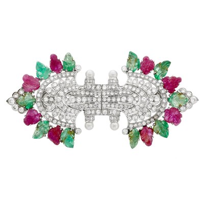 Lot 420 - White Gold, Diamond, Carved Emerald and Ruby and Cultured Pearl Double Clip-Brooch