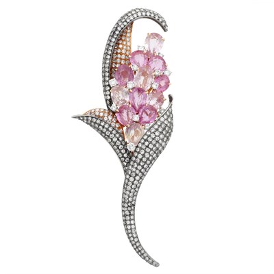 Lot 691 - Blackened and Rose Gold, Pink Sapphire and Diamond Flower Brooch