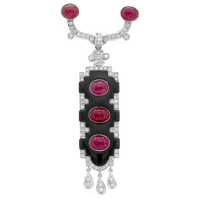 Lot 689 - White Gold, Diamond, Black Onyx and Cabochon Ruby Brooch