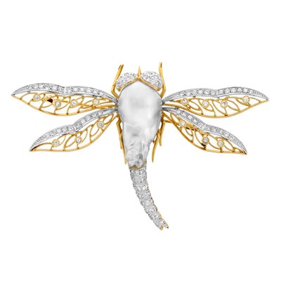 Lot 670 - Two-Color Gold, Baroque Cultured Pearl and Diamond Dragonfly Brooch