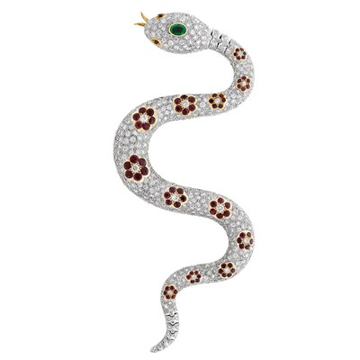 Lot 884 - Two-Color Gold, Diamond, Ruby and Emerald Serpent Clip-Brooch
