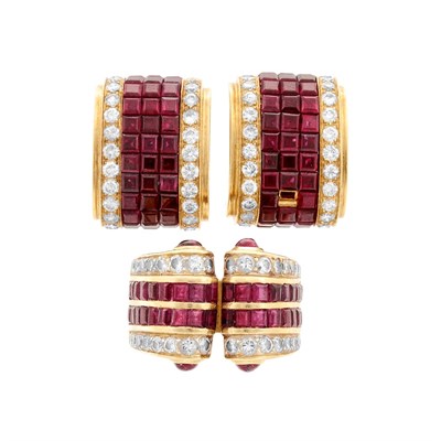 Lot 856 - Pair of Gold, Invisibly-Set Ruby and Diamond Earclips and Ruby and Diamond Ring