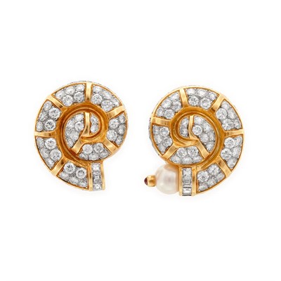 Lot 665 - Pair of Gold, Diamond and Cultured Pearl Snail Earclips
