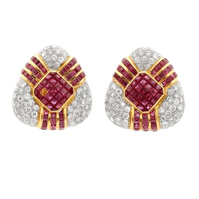 Lot 867 - Pair of Two-Color Gold, Invisibly-Set Ruby and Diamond Earclips