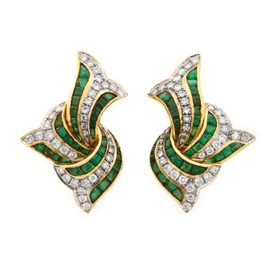 Lot 881 - Pair of Gold, Diamond and Emerald Ribbon Earclips