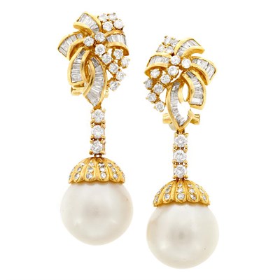 Lot 681 - Pair of Gold, Diamond and South Sea Cultured Pearl Pendant-Earclips