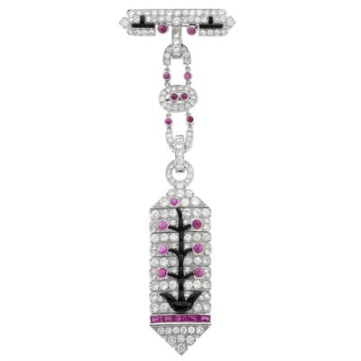 Lot 687 - White Gold, Diamond, Cabochon Ruby and Black Onyx Lapel Pin
