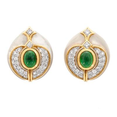 Lot 885 - Pair of Gold, Cabochon Emerald, Diamond and Chalcedony Earclips