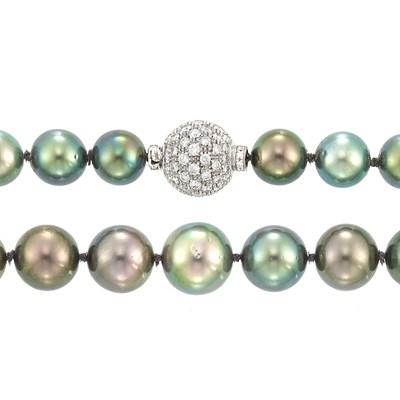 Lot 498 - Tahitian Black Cultured Pearl Necklace with White Gold and Diamond Ball Clasp