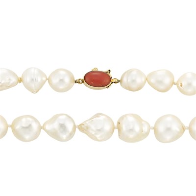 Lot 368 - Baroque Cultured Pearl Necklace with Gold and Coral Clasp