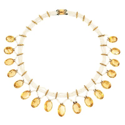 Lot 569 - Triple Strand Seed Pearl, Gold and Citrine Fringe Necklace