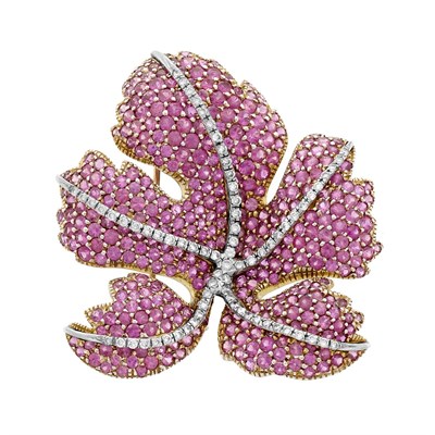 Lot 471 - Pink Sapphire and Diamond Leaf Clip-Brooch, David Morris