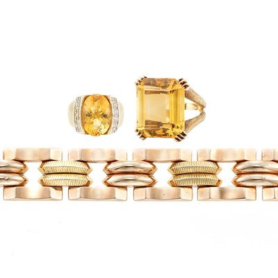 Lot 261 - Two Gold, Citrine and Diamond Rings and Retro Two-Color Gold Bracelet