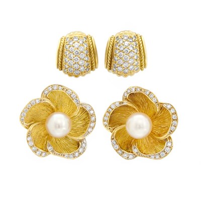 Lot 633 - Pair of Gold and Diamond Earclips, Judith Ripka, and Pair of Gold, Cultured Pearl and Diamond Flower Earclips