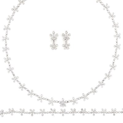 Lot 696 - White Gold and Diamond Floret Necklace, Bracelet and Pair of Earrings
