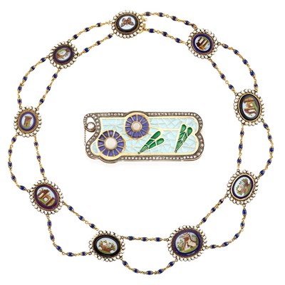 Lot 588 - Antique Gold, Painted Black Onyx, Enamel and Split Pearl Necklace and Silver, Gold, Opal, Diamond and Enamel Brooch
