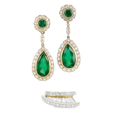 Lot 458 - Pair of Two-Color Gold, Tourmaline and Diamond Pendant-Earrings and Diamond Ring