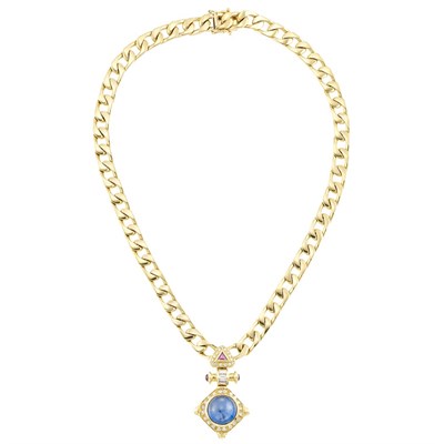 Lot 24 - Gold, Cabochon Sapphire, Ruby and Diamond Curb Link Chain Necklace