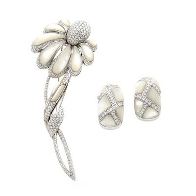 Lot 184 - White Gold, Diamond and Mother-of-Pearl Flower Clip-Brooch and Pair of Bombe Earclips