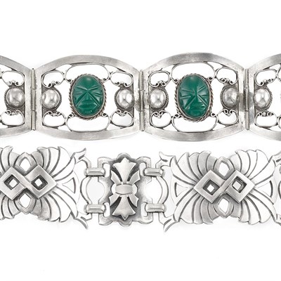 Lot 170 - Sterling Silver Bracelet and Sterling Silver and Green Onyx Scarab Bracelet