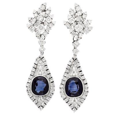 Lot 910 - Pair of Platinum, Diamond and Synthetic Sapphire Pendant-Earclips