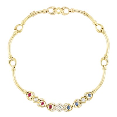 Lot 862 - Gold, Platinum, Diamond and Cabochon Ruby and Sapphire Necklace