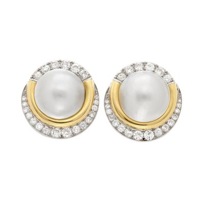 Lot 44 - Pair of Gold, Platinum, Mabe Pearl and Diamond Earclips