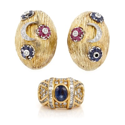 Lot 281 - Pair of Gold, Diamond and Gem-Set Earclips and Ring