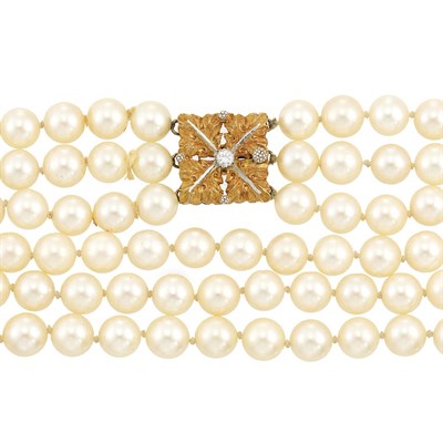Lot 788 - Triple Strand Cultured Pearl Necklace with Gold and Diamond Clasp, Buccellati