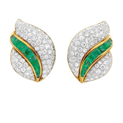 Lot 887 - Pair of Two-Color Gold, Diamond and Emerald Leaf Earclips, Tiffany & Co.