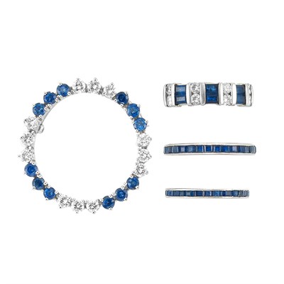 Lot 839 - Platinum, Sapphire and Diamond Circle Pin, Sapphire and Diamond Ring and Two Sapphire Guard Rings