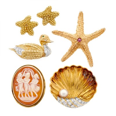 Lot 604 - Three Gold, Diamond, Ruby and Cultured Pearl Brooches, Shell Cameo Pendant-Brooch and Pair of Gold Starfish Earrings