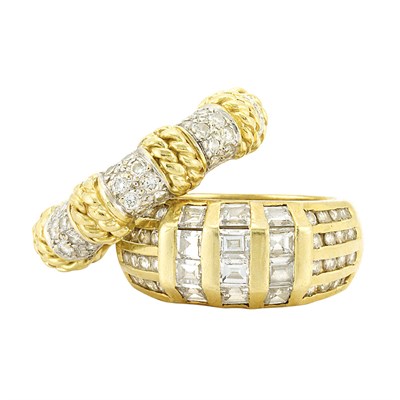 Lot 621 - Gold and Diamond Ring and Two-Color Gold and Diamond Band Ring