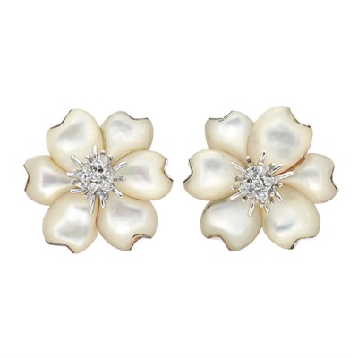 Lot 176 - Pair of White Gold, Carved Mother-of-Pearl and Diamond Flower Earclips