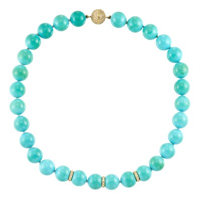 Lot 764 - Turquoise Bead, Gold and Diamond Necklace with Gold and Diamond Ball Clasp