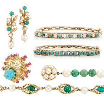 Lot 367 - Group of Gold, Turquoise and Cultured Pearl Jewelry