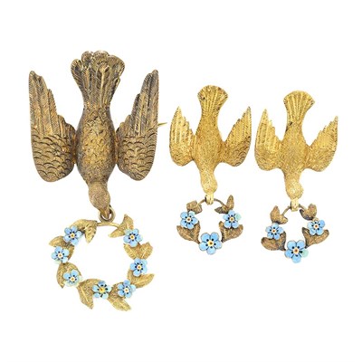Lot 722 - Antique Gold and Enamel Bird and Wreath Pin and Pair of Earclips
