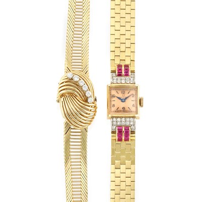 Lot 264 - Gold and Diamond Bracelet-Watch and Gold, Synthetic Ruby and Diamond Wristwatch