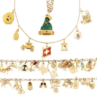 Lot 591 - Five Gold, Gold-Filled and Metal Charm Bracelets, Charm Necklace and Two Buttons