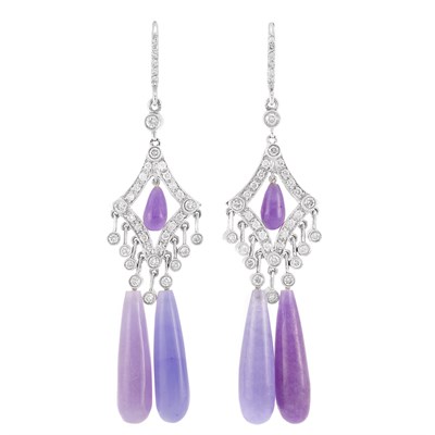 Lot 831 - Pair of White Gold, Diamond and Lavender Jade Pendant-Earrings