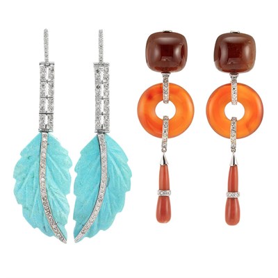 Lot 903 - Two Pairs of White Gold, Hardstone, Gem-Set and Diamond Pendant-Earrings