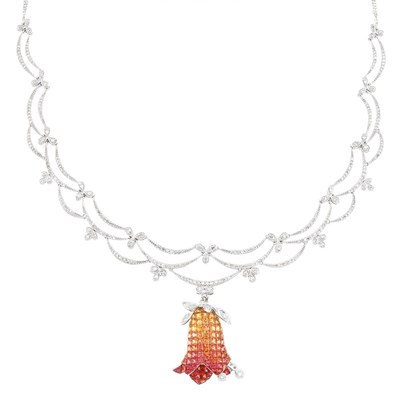 Lot 507 - White Gold, Diamond and Invisibly-Set Multicolored Orange and Yellow Sapphire Pendant-Necklace