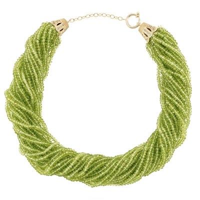 Lot 657 - Multistrand Peridot Bead Torsade Necklace with Gold and Diamond Chain Clasp