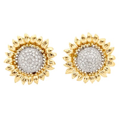 Lot 331 - Pair of Two-Color Gold and Diamond Sunflower Earclips