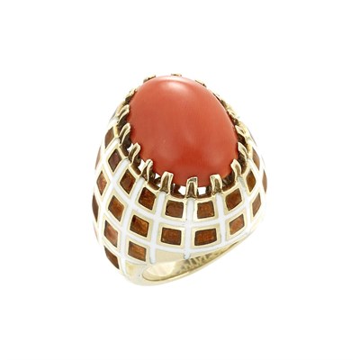 Lot 776 - Gold, Coral and White and Bronze Enamel Ring