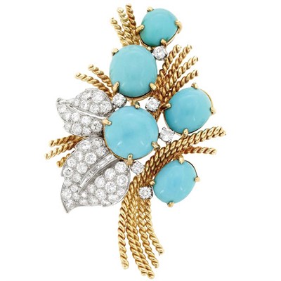 Lot 980 - Gold, Platinum, Turquoise and Diamond Clip-Brooch, Van Cleef & Arpels