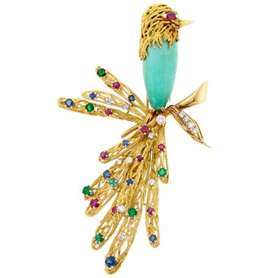 Lot 771 - Gold, Platinum, Turquoise, Diamond and Gem-Set Bird Clip-Brooch, France