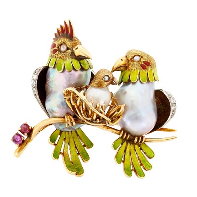 Lot 641 - Gold, Platinum, Baroque Cultured Pearl, Enamel and Gem-Set Love Bird Pin