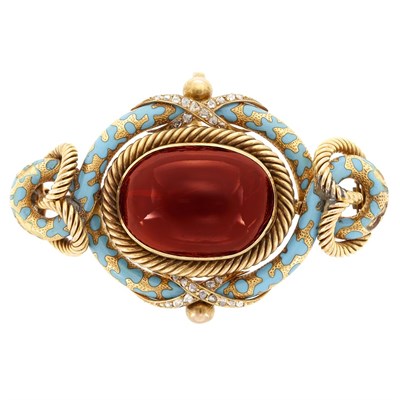 Lot 564 - Antique Gold, Cabochon Garnet, Turquoise Enamel and Diamond Pendant-Brooch